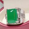 Dominante anillo cuadrado para hombre de calcedonia verde emperador, anillo de ágata verde, ajustable, retro, anillo de jade verde