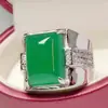 Dominante anillo cuadrado para hombre de calcedonia verde emperador, anillo de ágata verde, ajustable, retro, anillo de jade verde