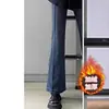 Calça Flare Feminina, Forrada com Lã para o Inverno, Engrossada, Perna Reta Slim, Marca Tendência, Calça Longa com Vibe Retro High Street Americana