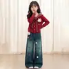 Estilo Coreano Primavera/Otoño Estilo Academia para Niñas Camisa de Manga Larga con Cuello de Marinero Jeans de Dibujos Animados Dulces de Conejito Conjunto de Dos Piezas