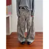 Jeans Jiamu Estilo Retro Americano Estampado de Leopardo Scimitar para Hombres y Mujeres, Principios de Otoño, Corte Holgado, Relajado, Pierna Ancha, Largo hasta el Suelo