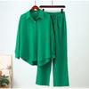 Sudeste Asiático Otoño e Invierno Tallas Grandes Holgado Color Sólido Manga Larga Camisa Casual Corbata Moda Elástico Arruga Pantalones de Pierna Ancha Conjunto