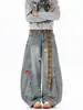 Jeans com Cinto Xadrez Masculino Reto Solto Wide-Leg American High Street Calças Tendência Versátil Design de Bordado em Toalha