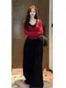 Camisa Base Renda Falsa Duas Peças para Mulheres, Novo Estilo Outono e Inverno 2025, Top Vermelho Manga Longa Decote V Puro Desejo