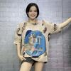 Suéter de Tricô de Linho de Verão Manga Curta Solto Gola Redonda Manga Média Estampado Vazado Com Strass Estilo Western Emagrecedor Camiseta Top para Mulheres