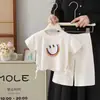 Conjunto Infantil para Niña de Manga Corta con Estampado de Corazón de Semicírculo Colección Verano 2026 Nuevo Conjunto de Dos Piezas: Top y Pantalón Largo para Niña