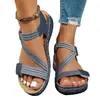 Sandalias de Verano 225 Nuevas para Amazon Europeo y Americano con Bordes Cosidos, Tacones de Cuña, Correas de Velcro Casuales y Sandalias Elásticas de Talla Grande