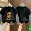 Camiseta de algodão puro de manga longa para meninas, estilo primavera e outono, corte solto, blusa base estilo duas peças falsas, gola redonda estilosa para meninas
