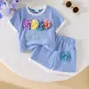 Amazon Europeia e Americana Verão Novo Casual Estilo Esportivo Flor Azul Camiseta Shorts Roupa Infantil Conjunto Atacado