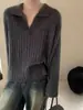 Suéter Tricotado Canelado com Gola Polo Novo Estilo Coreano para Outono e Inverno para Mulheres, Suéter Pulôver Casual Simples para Mulheres