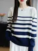 Suéter de punto a rayas color block de algodón puro para mujer, colección otoño/invierno 2025, engrosado para abrigar, corte holgado, capa base versátil, disponible para dropshipping