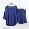 Algodón Transpirable Holgado Casual Ropa de Casa Verano Delgado Talla Grande Mangas de Murciélago Holgadas para Mujer Cuello en V Shorts Conjunto de Dos Piezas
