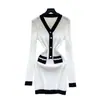 Vestido de Punto Elegante de Manga Larga, Color Block Chic de Alta Gama Estilo Francés, Cuello en V, Hebilla Metálica, Adelgazante