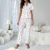 Pijama de Mujer Estilo Europeo y Americano Transfronterizo Otoño e Invierno Sexy Cuello en V Encaje Estampado de Cerezas Camiseta Pantalón Ajustado Ropa para el Hogar