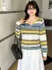 Top de punto colorido de manga larga con cuello redondo para mujer de talla grande, abrigo para mujer, estilo otoño 2026, cárdigan de punto holgado para mujer de talla grande