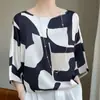 Camiseta de Satén de Seda Simulada 2025 Verano Nuevo Estilo Bloques de Color Estampada Cuello Redondo Manga Corta Look Adelgazante para Mujer Talla Grande Manga Tres Cuartos