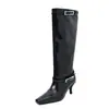Botas de montar de piel de vaca de dos capas para mujer, botas altas de caña larga, nuevo estilo otoño e invierno, punta cuadrada, hebilla de cinturón, tacón medio delgado, botas hasta la rodilla para mujer