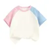 Camiseta Raglán de Manga Corta para Niños 210g Algodón Peinado Versión Lisa Manga de Cuerno Bloque de Color Top Liso