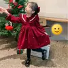 Vestido Vermelho com Gola de Pérola, Forrado com Lã, Espesso, para Menina, Outono e Inverno 2024, Novo, para Crianças de Tamanho Médio a Grande, Estilo Ocidental, Roupas de Ano Novo