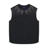 Camiseta sin mangas de cuello redondo estilo callejero con diseño de cruz de diamantes de imitación estilo americano con lentejuelas de estrellas marca moderna para adolescentes