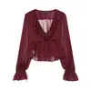 Comércio Exterior Transfronteiriço 2026 Nova Primavera Verão Estilo Simples Estilo Francês Levemente Transparente Babado Manga Longa Decote V Blusa