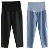 Pantalones de verano finos de pierna ancha para maternidad para mujeres petite, pantalones rectos holgados de nueve puntos, pantalones casuales de maternidad de talla grande con soporte para el vientre