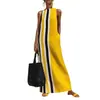 Vestido sin mangas de bloques de color con rayas verticales para mujer, estilo europeo y americano, cuello alto, corte recto holgado, con bolsillos, vestido largo tipo tank para vacaciones