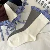 Calcetines Juveniles con Estilo Coreano y Cuadros Azules Anchos, Calcetines Versátiles de Encaje a Media Pantorrilla con Diseño Único de Atar y Calcetines Flojos