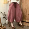 Calça de algodão e linho de cor sólida com perna larga para mulheres, novo estilo de verão, solta e confortável, emagrece e versátil
