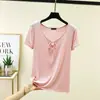 Nova camiseta de verão com renda e cadarço, manga curta, para mulheres, fina, estilosa, versátil, modeladora, plus size