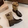 Botines de hebilla retro de piel de vaca para mujer, punta redonda, tacón grueso, botas de montar, botas de vaquero western, botines plisados versátiles