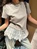 Fenna Fufa Falda de Encaje con Empalme Francés Camiseta de Manga Corta Estilo Ballet Elegante Ajustada Camiseta Base de Manga Corta Hombro Derecho para Mujer