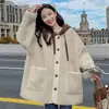 Abrigo de borrego para mujer, con forro polar, engrosado, con capucha, corte holgado, versátil, estilo coreano, nuevo, para otoño e invierno