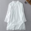 Foto real en stock: Camisa de Lino Fino, Manga Tres Cuartos, Color Sólido, Largo Medio para Mujer, Doble Capa, Artística, Estilo Vintage, Tapeta Diagonal, Abotonada