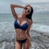 Collar de Vacaciones en la Playa con Cordones Bikini Sexy Traje de Baño de Tres Puntos para Mujer Estilizado Azul Zafiro Talla Recogido en el Pecho