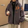 Moletom Grosso com Capuz e Cordão para Homens, Estilo Hong Kong Ins com Estampa de Letras Jaqueta com Zíper Outerwear
