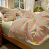 Conjunto de cama jacquard minimalista com trama colorida, quatro peças, ultrassuave, 100% algodão, lençol de cima e capa de edredom tamanho solteiro, adequado para quartos de dormitório e estudantes