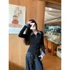 Camiseta de Manga Larga a Cuadros Retro Estilo Chica Caliente Americana Falsa de Dos Piezas Hombro Derecho Camisa Base para Mujer Ajustada Cuello Polo