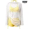 Biquíni Floral Fofo Cobertura Pura Lust Star Anti-Arranhões Manga Longa Alças Visual Sexy Emagrecedor Roupa de Banho para Férias na Praia para Mulheres