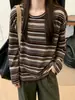 Diseño retro estilo coreano, camiseta de manga larga a rayas de bloques de color para mujer, corte holgado y relajado, perfecta para principios de otoño, uso casual y como capa base.