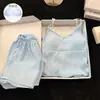 Pijama de camisola de encaje de color liso estilo coreano para mujer, nuevo modelo de verano 2026 con copas en el pecho, conjunto dulce y simple de ropa de casa fina