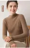 Suéter Feminino de Cashmere 100% Puro Listrado Meia-Gola Outono/Inverno Primeira Linha Cor Sólida Slim Fit Malha que Valoriza Camada Base
