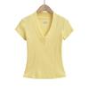 Camiseta de manga corta con escote en V y hombros descubiertos para mujer, estilo Spice Girl, de color liso, ajustada y adelgazante, primavera/verano 2025