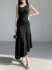 Vestido Colete Irregular Sem Mangas para Mulheres, Estilo Verão de Alto Padrão, Elegante Vestido Longo Slim-Fit com Marcação na Cintura e Conteúdo de Tencel