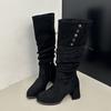 Botas Apontadas com Salto Interno para Mulheres 2025 Primavera e Outono Novo Estilo Botas Pequenas Western Cowboy Botas de Cavaleiro Botas Longas
