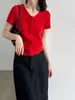 LUXI Jersey de punto para mujer con cuello de corbata 100% lana, cuello en V, manga corta, estilo versátil suave de otoño ss1110