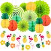 Conjunto combinado de decoración para fiesta de playa de verano con diseño de flamenco tropical hawaiano, abanico de papel, flor, piña y bola de panal