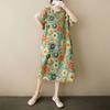 Foto real de Nuevo en Stock Verano Talla Grande Algodón-Lino Fino Floral Vintage Artístico Largo hasta la Rodilla Vestido Midi para Mujer con Estilo Elegante