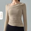 Top de manga comprida sexy de malha para ioga feminino 2024 com almofada no peito, outono e inverno, novo estilo de roupa externa, camiseta esportiva slim fit com gola inclinada