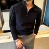 Camiseta Masculina de Manga Longa Grossa Estilo Verão com Toque Delicado de Veludo, Camada Base Térmica com Meio Zíper, Moletom Masculino de Fleece com Gola Alta